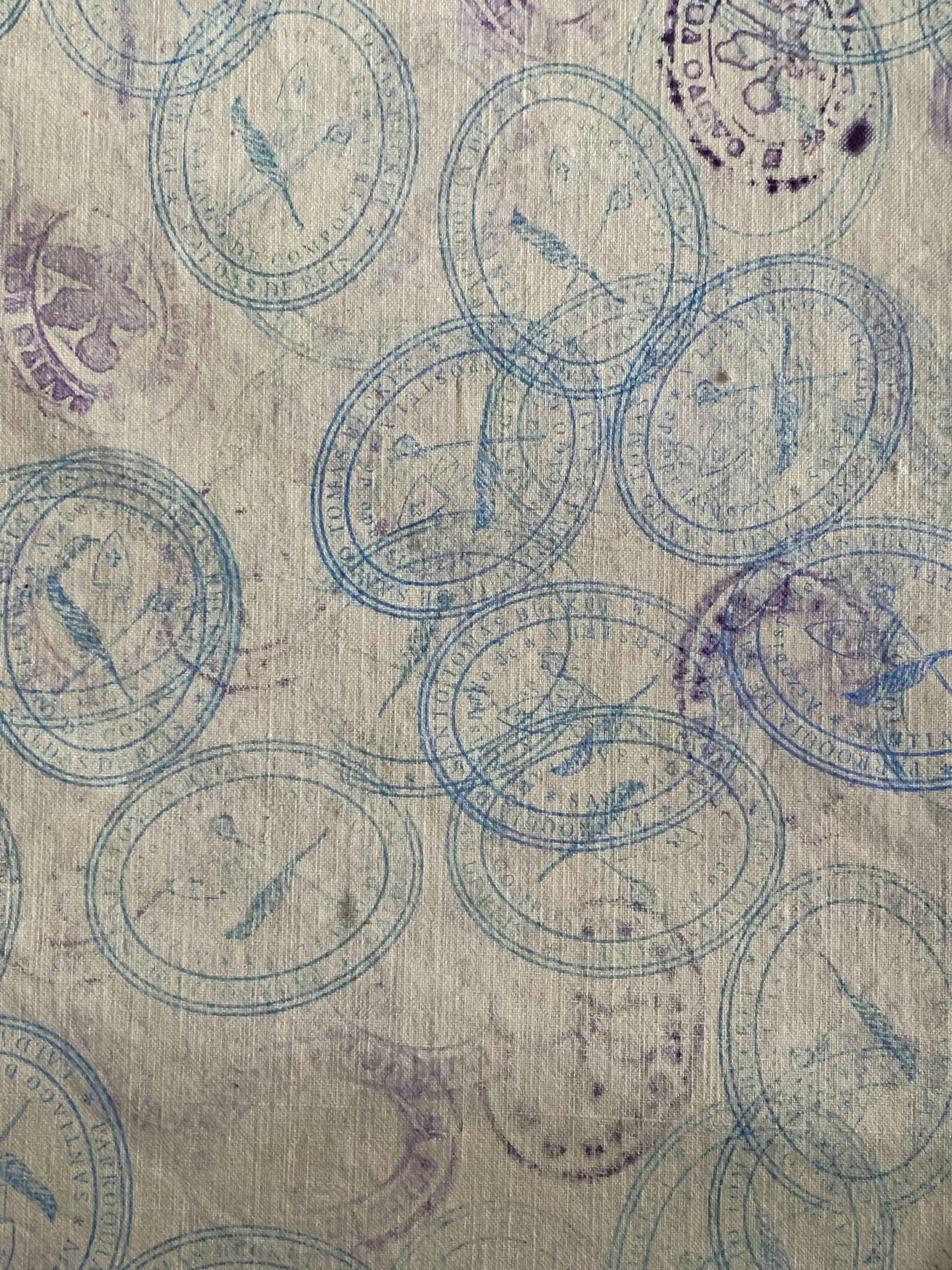 Blue official stamps with bird motifs scattered on textured paper, representing travel visa and entry documentation